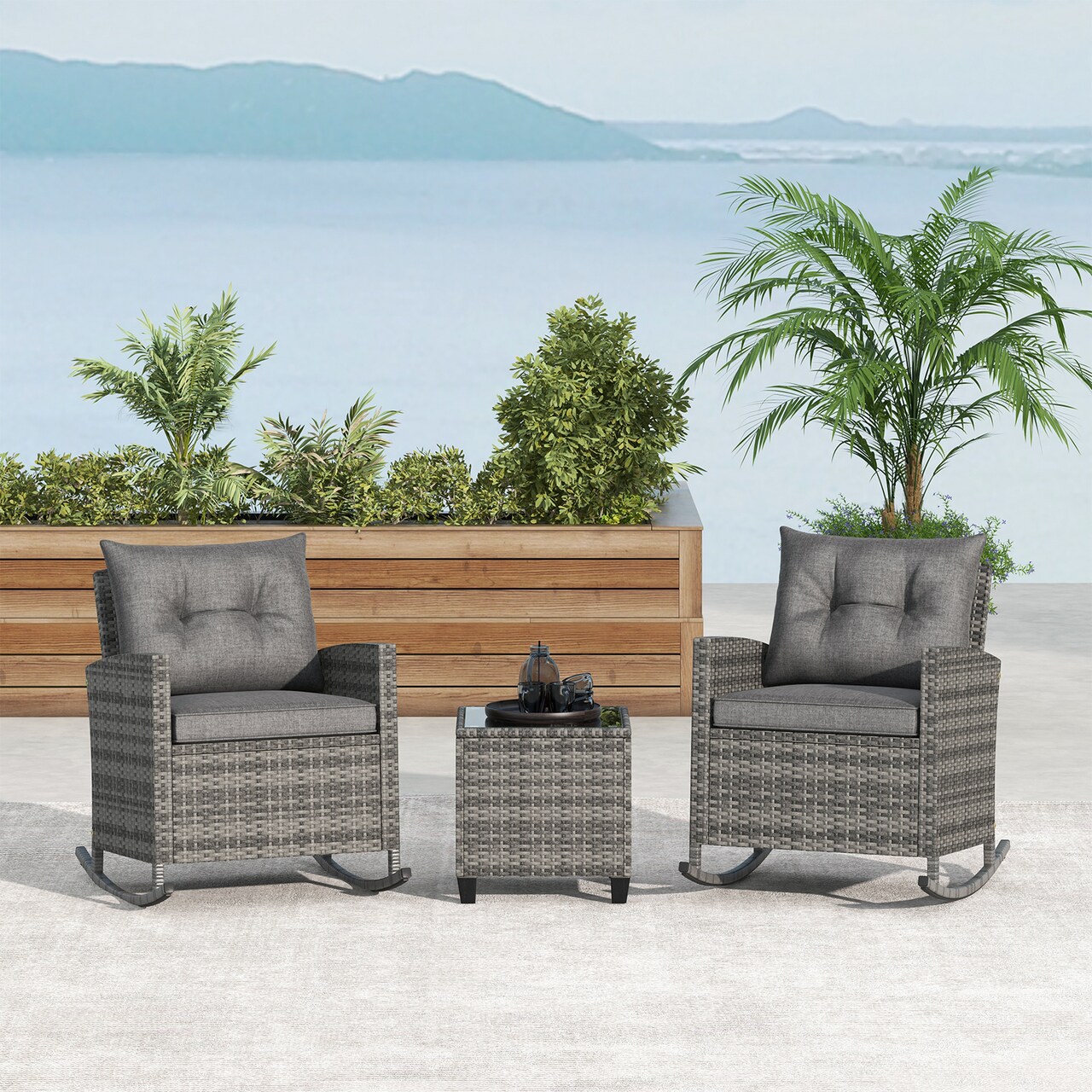 Outdoor Rattan Rocker Chair Set with Cushions and Coffee Table